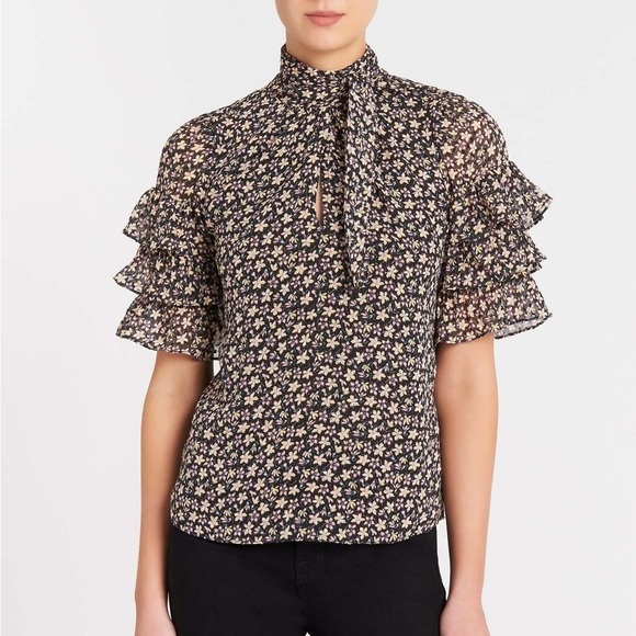 Rebecca Taylor Floral Silk Short Sleeve Louisa Ruffle Top Sz 8 Career  Romantic - Picture 1 of 13